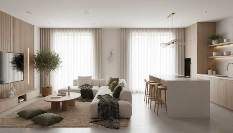 Modern renovated living room and kitchen with 2026-2027 home design trends, cozy textures, and smart layout