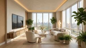 Home Modern American living room in 2026 with beige sofa, large windows, natural light, open layout, and minimalist decor.