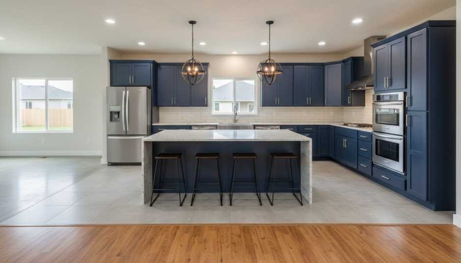 Luxury vinyl plank (LVP) flooring in a modern American kitchen, waterproof, budget-friendly 2026 makeover