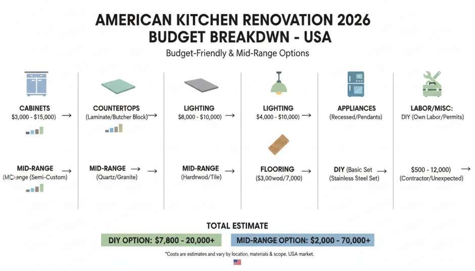 Infographic showing average costs for a 2026 American kitchen renovation including cabinets, countertops, lighting, flooring, and appliances