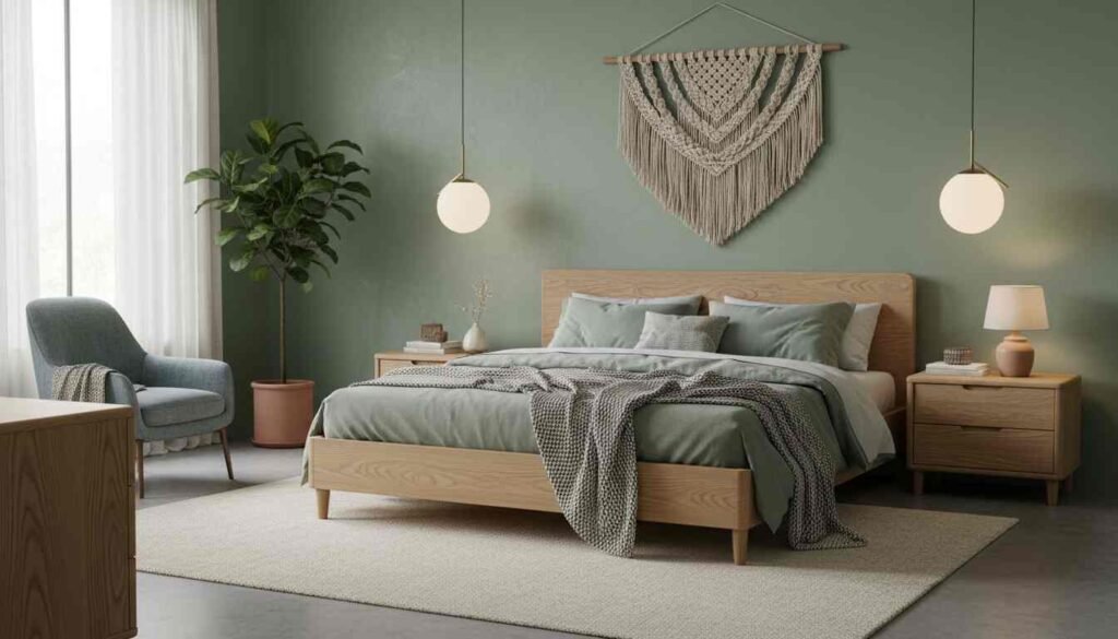 Modern bedroom with sage green walls, wooden furniture, soft natural lighting, and light bedding
