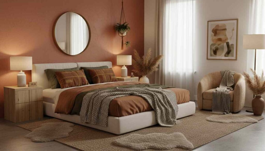Bedroom with terracotta accent wall behind bed, neutral bedding, and warm lighting