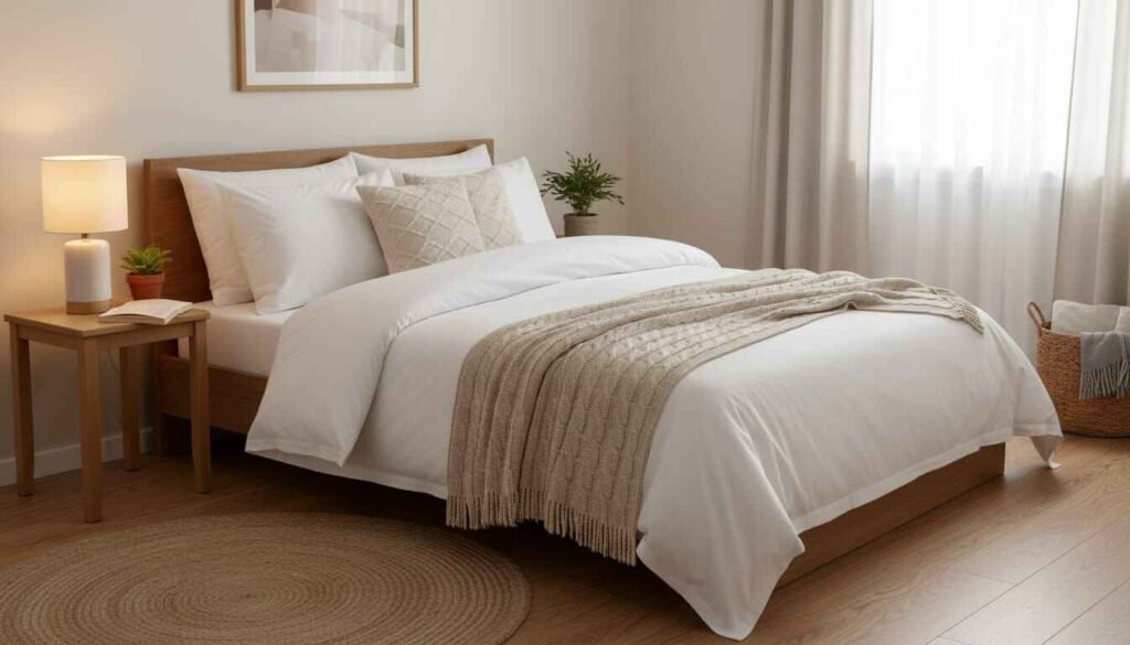Budget-Friendly Home Makeover Ideas in the USA (2026 Guide): Make Your Home Look Expensive Under $500 Budget bedroom makeover with white duvet and layered neutral bedding