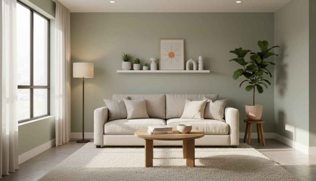 Budget-friendly living room makeover in the USA with accent wall and warm lighting under $500