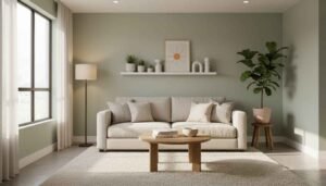 Home Budget-friendly living room makeover in the USA with accent wall and warm lighting under $500