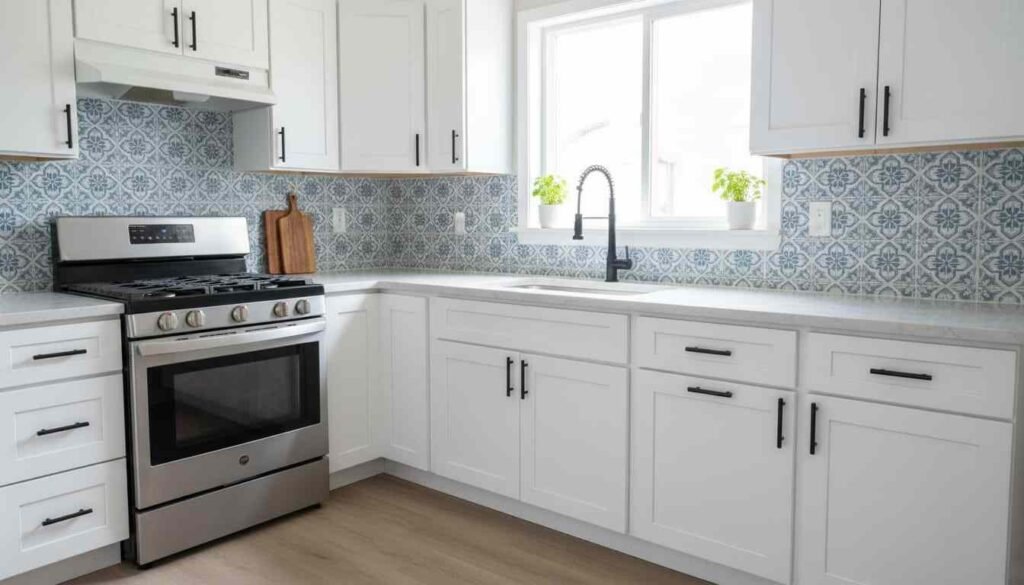 Budget-Friendly Home Makeover Ideas in the USA (2026 Guide): Make Your Home Look Expensive Under $500 Small kitchen makeover with new cabinet handles and peel and stick backsplash