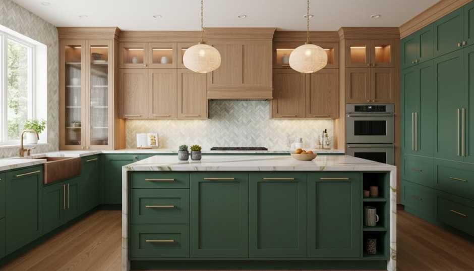 Painted warm wood cabinets with modern hardware in a 2026 USA kitchen makeover