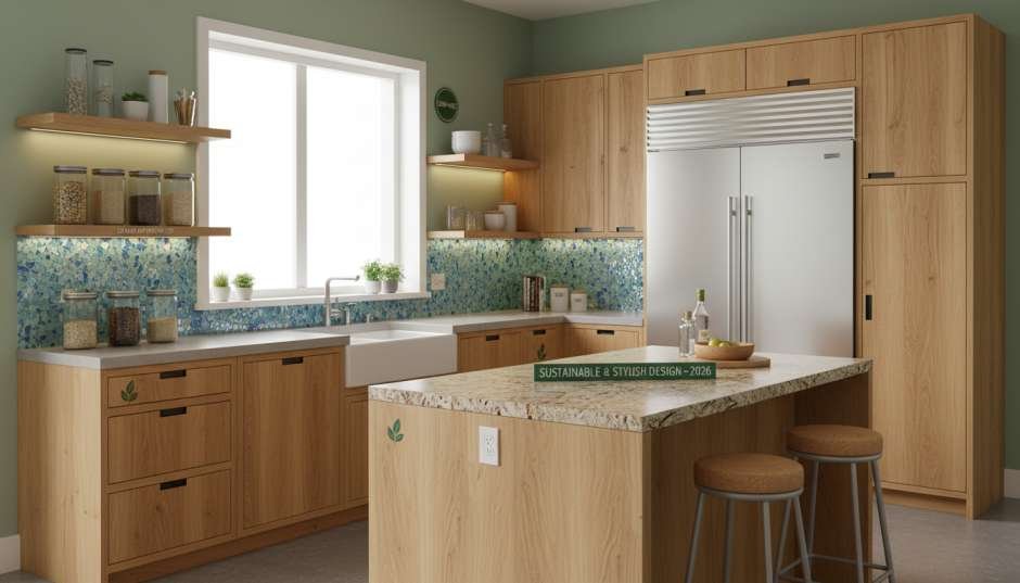 Modern American kitchen with eco-friendly upgrades: low-VOC paint, recycled glass backsplash, energy-efficient lighting, budget-friendly 2026 remodel