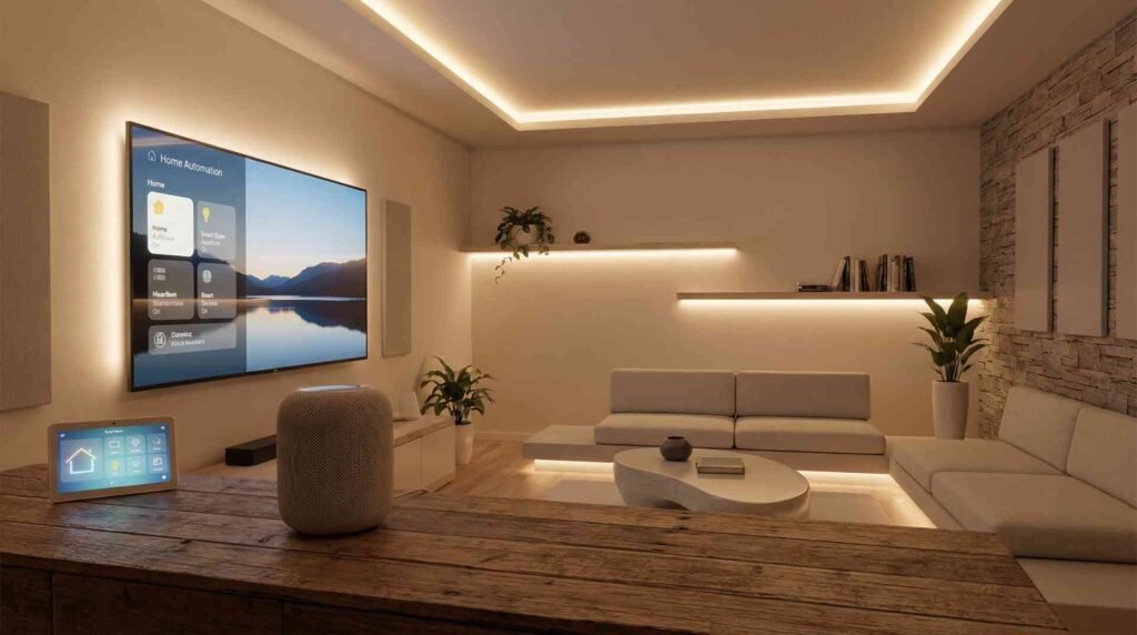 Modern American living room with smart TV, automated lights, and voice control system.