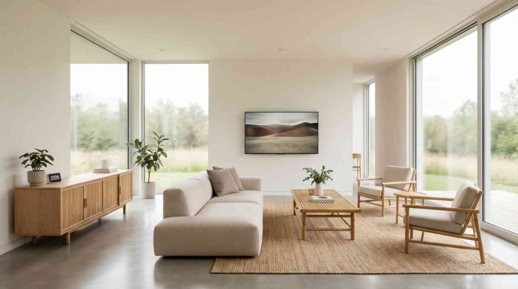 Modern Living Room Design in USA 2026 with neutral colors and smart lighting