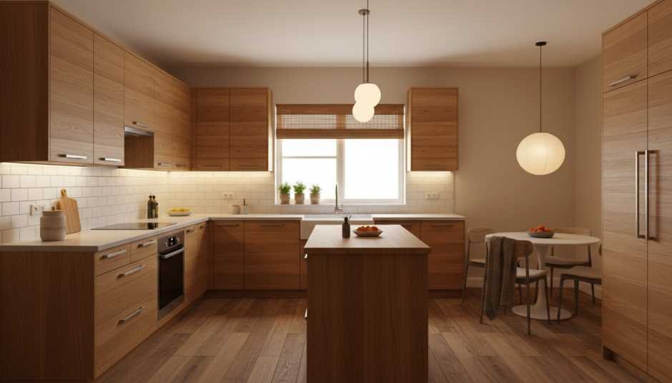 Modern American kitchen with warm wood cabinets, soft neutral colors, stainless steel appliances, and layered lighting – budget-friendly 2026 makeover