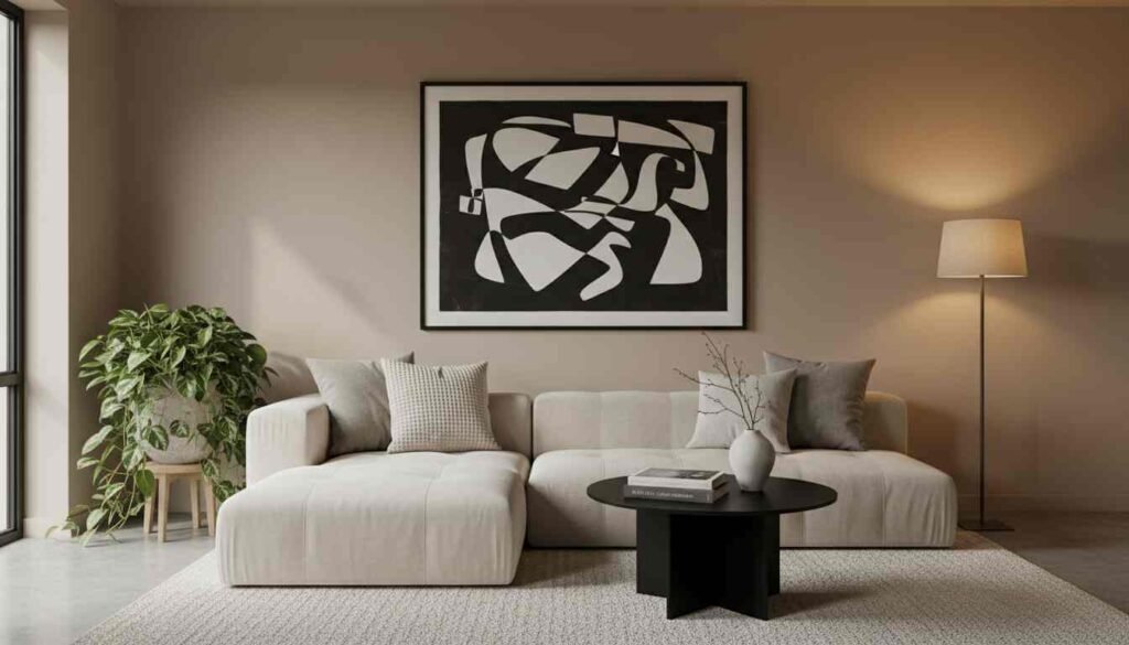 Modern living room with abstract wall art, neutral rug, textured cushions, and indoor plants.