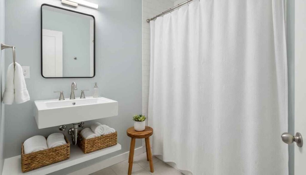 Budget-Friendly Home Makeover Ideas in the USA (2026 Guide): Make Your Home Look Expensive Under $500 Small bathroom makeover with rolled towels and fabric shower curtain