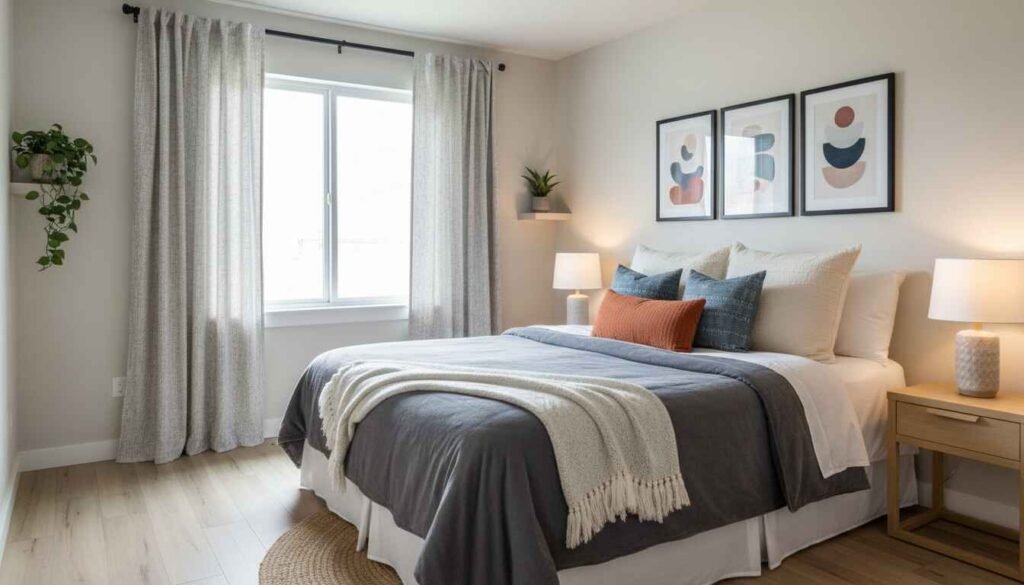 Bedroom with painted accent wall, new cushions, curtains, and wall art