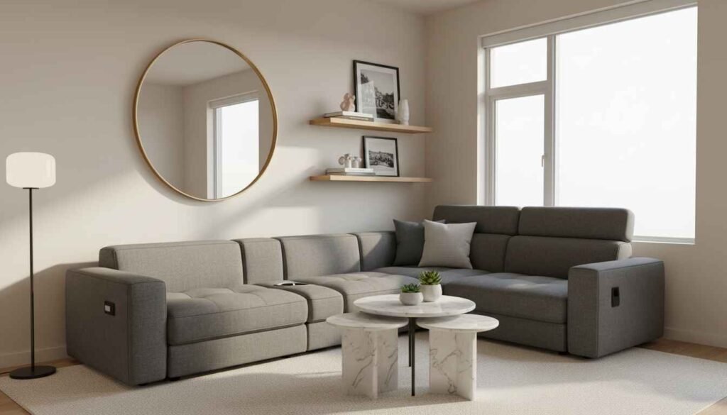 Small American living room with light walls, mirror decor, and multifunctional furniture.