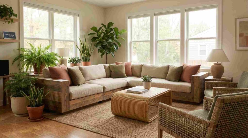 Sustainable American living room with recycled wood furniture, bamboo table, and indoor plants.
