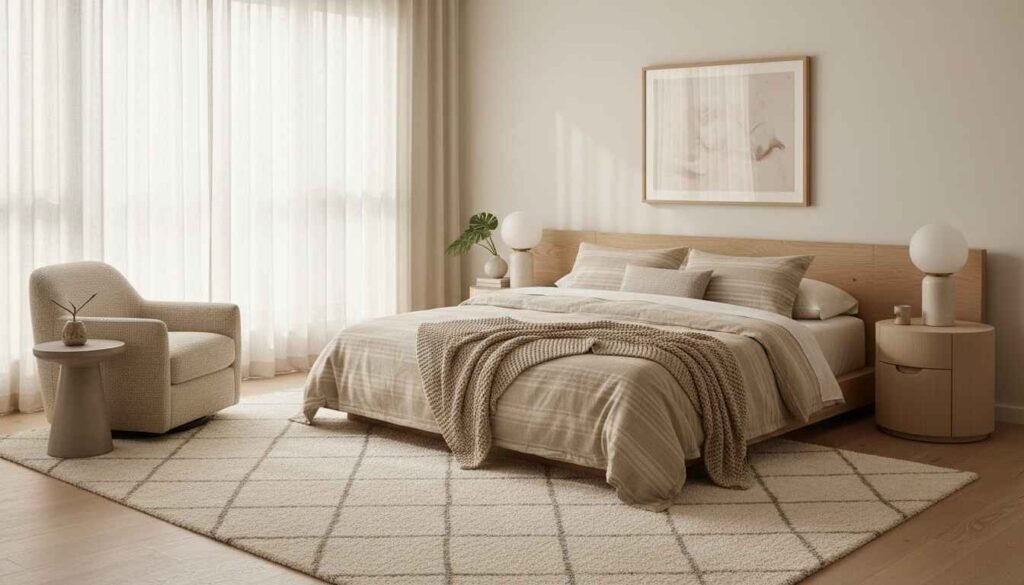 Bedroom with warm neutral wall colors, creamy white bedding, beige curtains, and soft lighting in modern American home