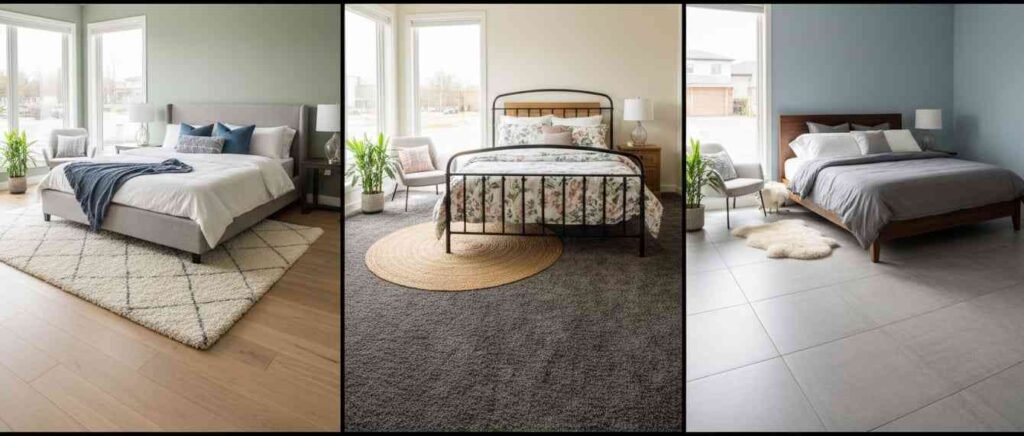 Cozy bedroom with warm wooden floors, plush carpets, and wide plank oak flooring