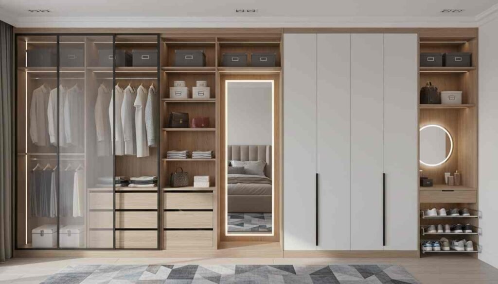 Modern bedroom wardrobe and closet system with adjustable shelves, hanging rails, and freestanding dresser in American home