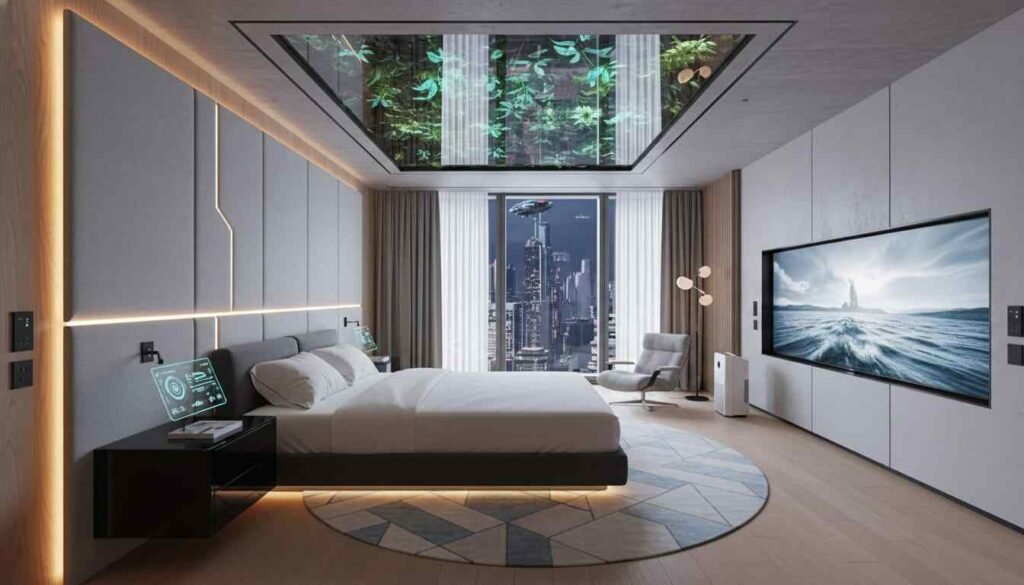 Bedroom with layered lighting, AI-powered lights, and natural sunlight through large windows