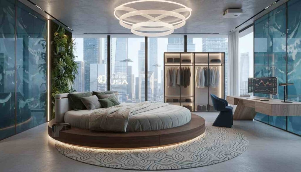 Modern bedroom interior with cozy furniture, layered lighting, and natural materials in 2026 American home