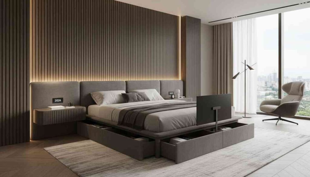 Bedroom with large upholstered headboard, velvet bed, and multifunctional furniture