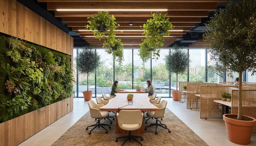 Interior Design of American Offices in 2026: New thinking and Modern ideas Biophilic office interior with indoor plants green walls and natural light