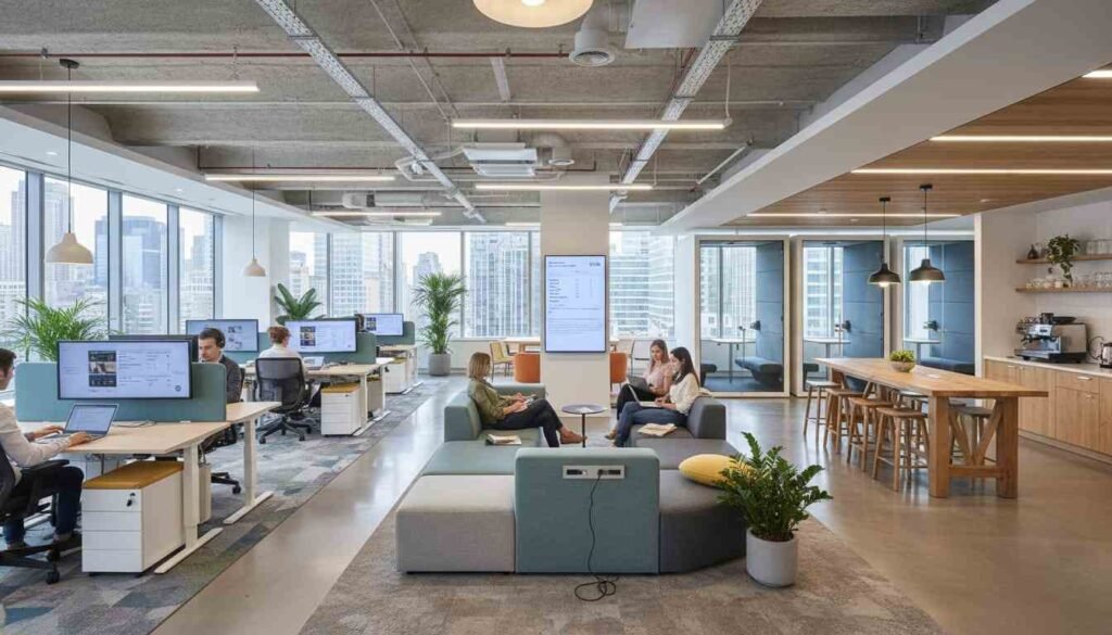 Interior Design of American Offices in 2026: New thinking and Modern ideas Hybrid office design with hot desking and modular furniture in American workplace