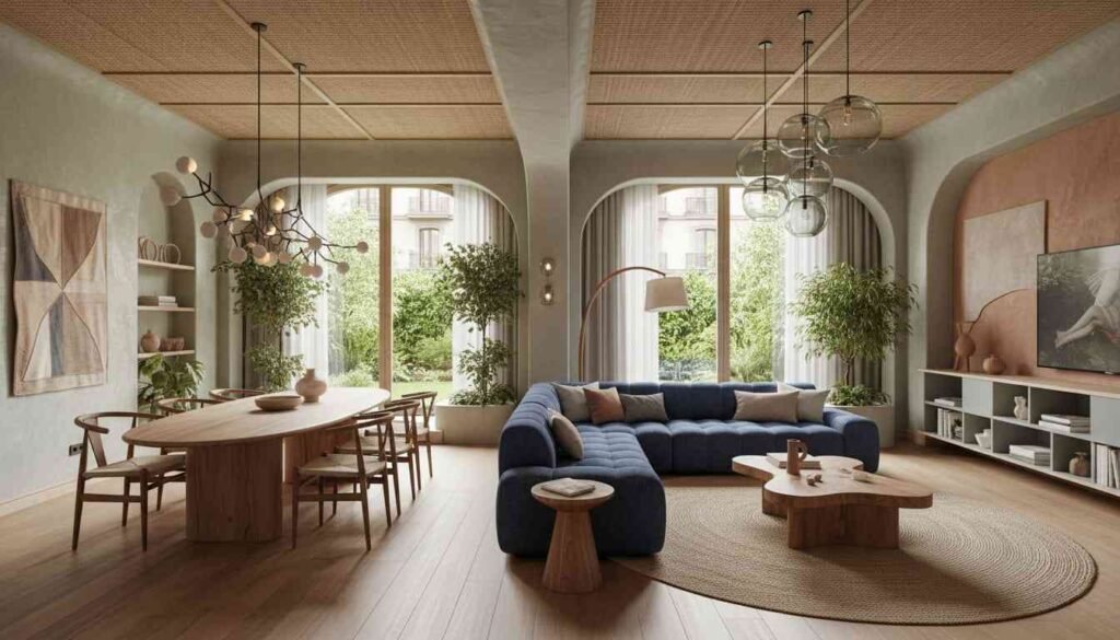 Modern American living room showcasing interior design trends 2026 in the United States including curved furniture, biophilic elements and statement ceiling