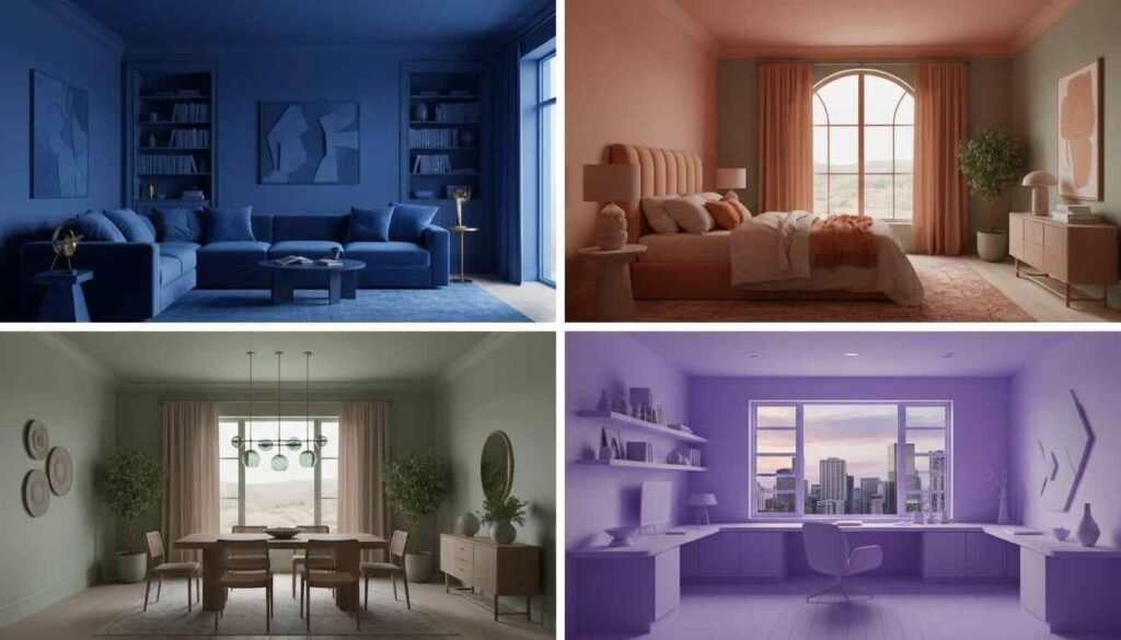 Dark blue monochrome living room showing color drenching interior design trend in United States 2026