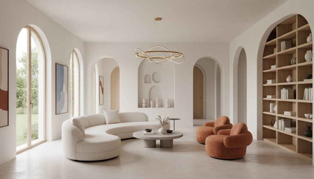 Modern American living room with curved sofa and arched doorway interior design