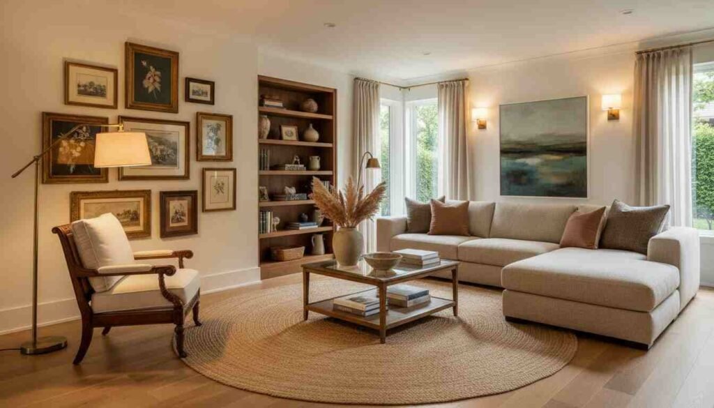 Modern heritage interior design living room combining vintage wooden furniture with contemporary sofa in American home 2026