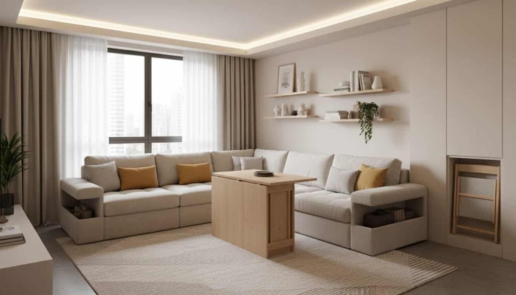 Modern small apartment in U.S. city featuring multifunctional furniture including murphy bed and foldable dining table interior design trend 2026