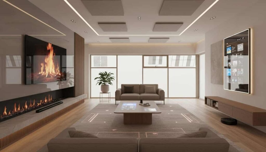 Modern U.S. living room with hidden smart home technology including art mode TV, built in speakers and wireless charging furniture 2026 interior design trend