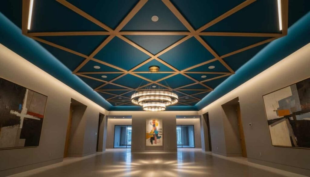 Modern American living room with dark statement ceiling and exposed wooden beams showcasing fifth wall interior design trend 2026