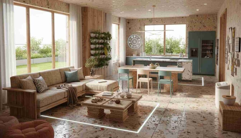 Reclaimed wood dining table and eco friendly mushroom leather sofa in modern American home