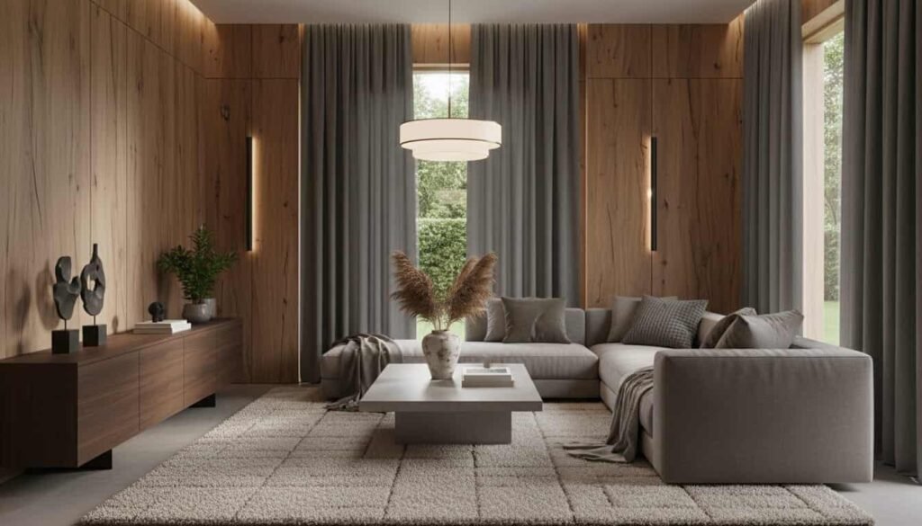 Modern American living room featuring textured wall panels, boucle sofa and velvet armchair reflecting interior design trend 2026