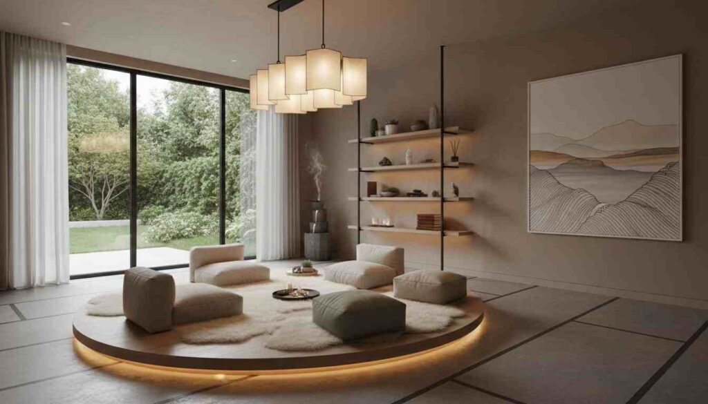 Modern wellness room with soft lighting meditation space in American home