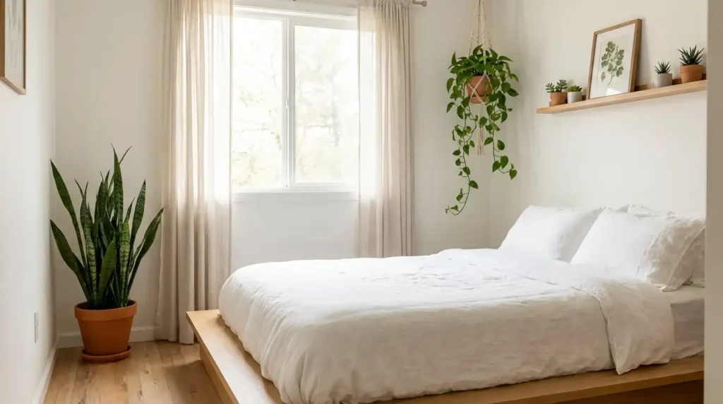 modern bedroom with indoor plants snake plant and pothos for fresh interior