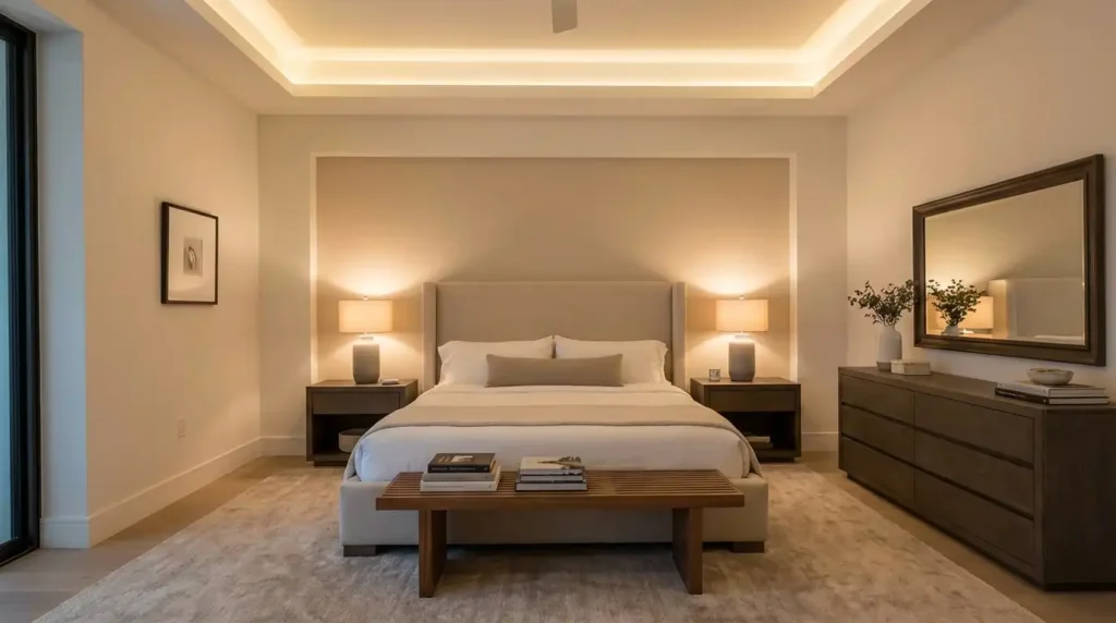 Perfect bedroom layout with bed placed on center wall and balanced furniture
