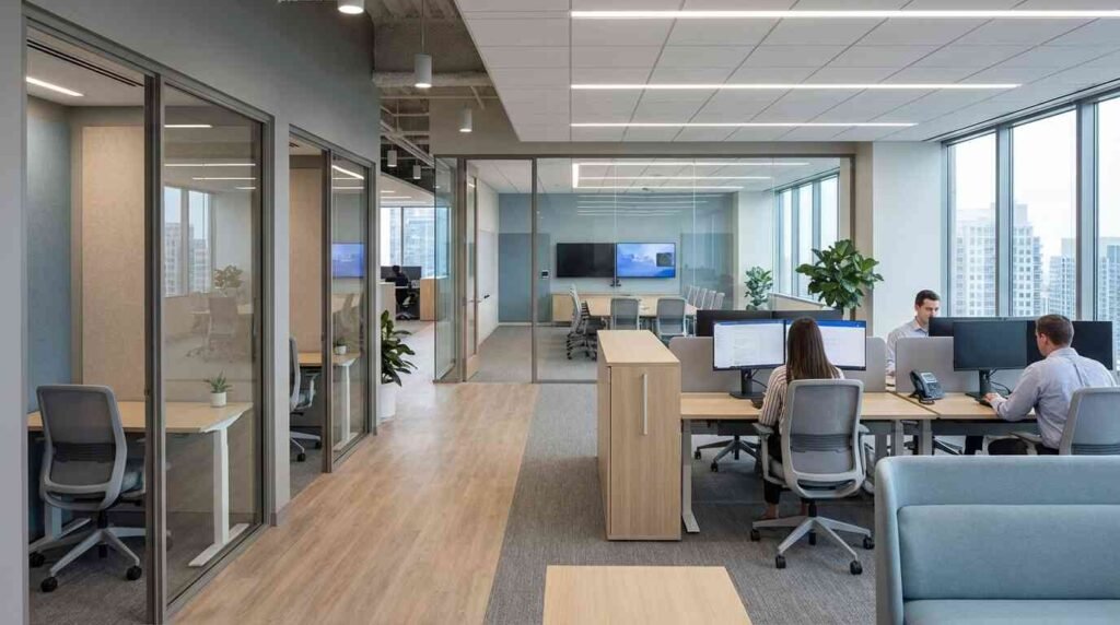 Corporate office interior design in the USA with professional meeting rooms