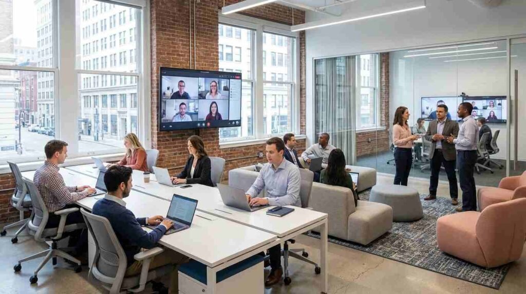 Hybrid office design in the USA with flexible workspaces and online meeting setup