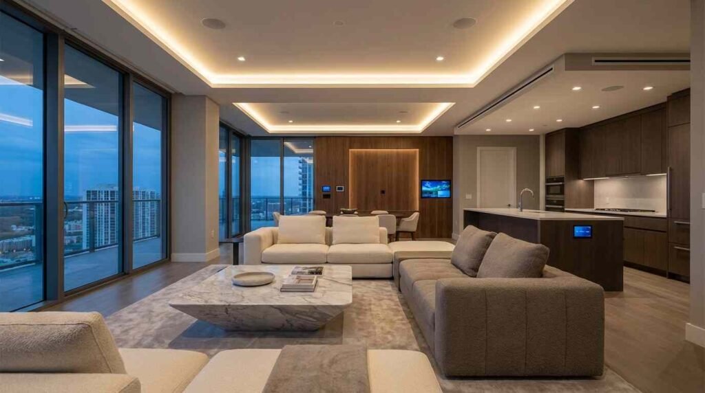 Luxury smart apartment interior design 2026 modern small apartment with premium furniture