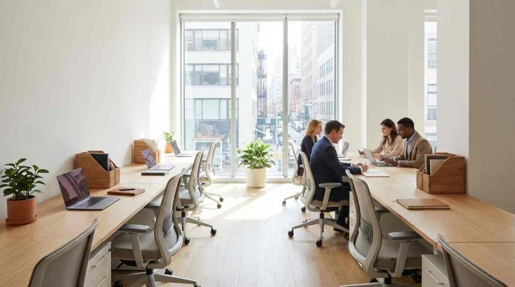 Minimalist office interior design in the USA with clean and clutter-free workspace