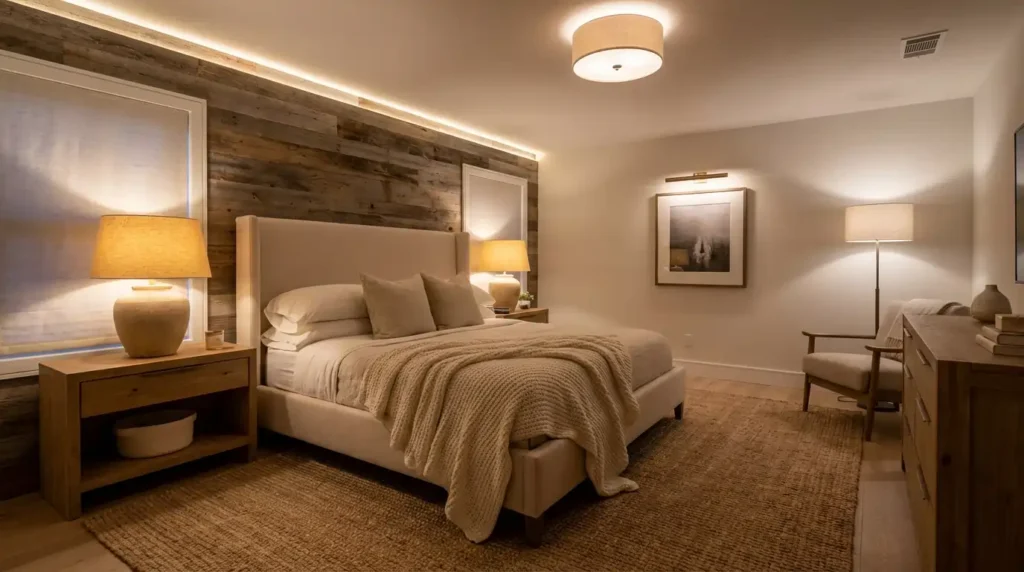 layered bedroom lighting with bedside lamps and ambient lighting