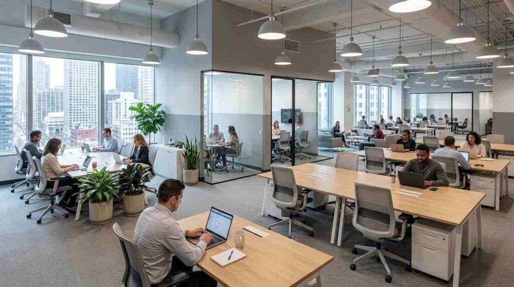 Modern office interior design in the USA with open workspace and natural light