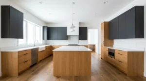 Modern kitchen cabinet design trends in the USA including two tone cabinets and natural wood kitchen cabinets