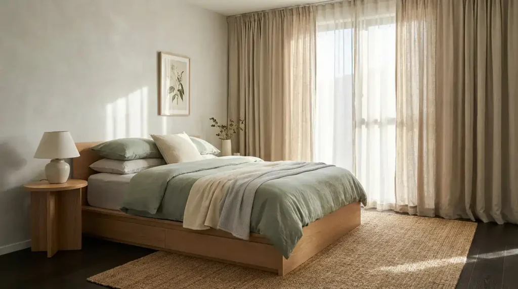 Neutral bedroom interior design USA 2026 colors including beige, sage green and light gray in modern bedroom design