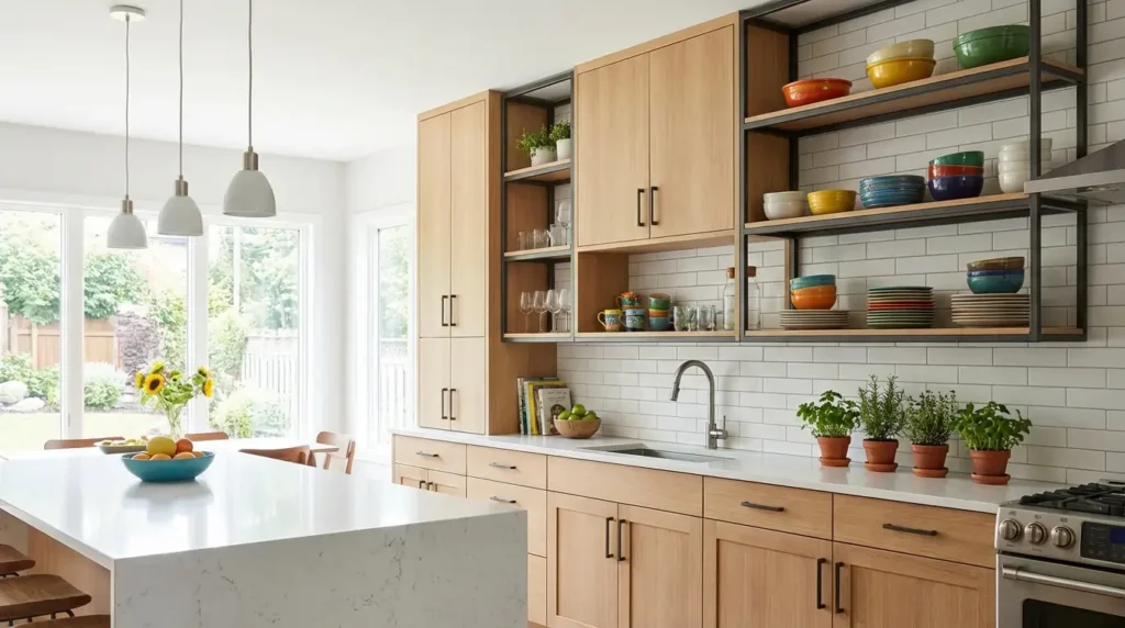 kitchen design with open shelves and traditional cabinets