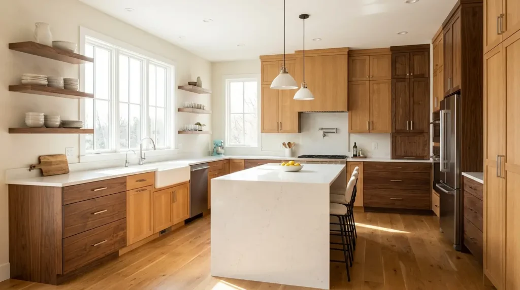 natural wood kitchen cabinets in a modern American kitchen